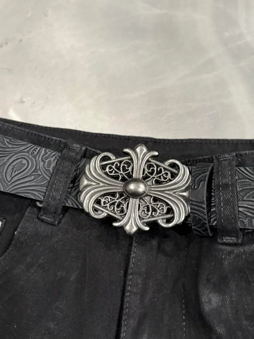 Black Embossed Leather Gothic Cross Buckle Belt